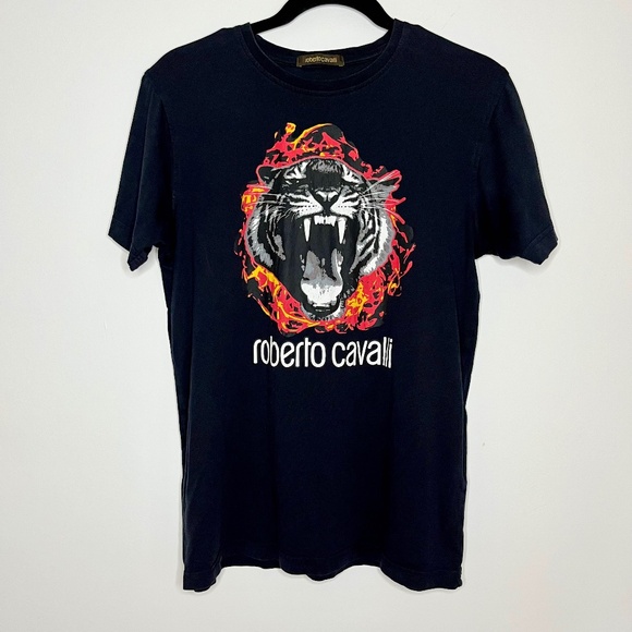 ROBERTO CAVALLI Mens Tiger Print Black T-Shirt, Size Medium - Picture 1 of 7